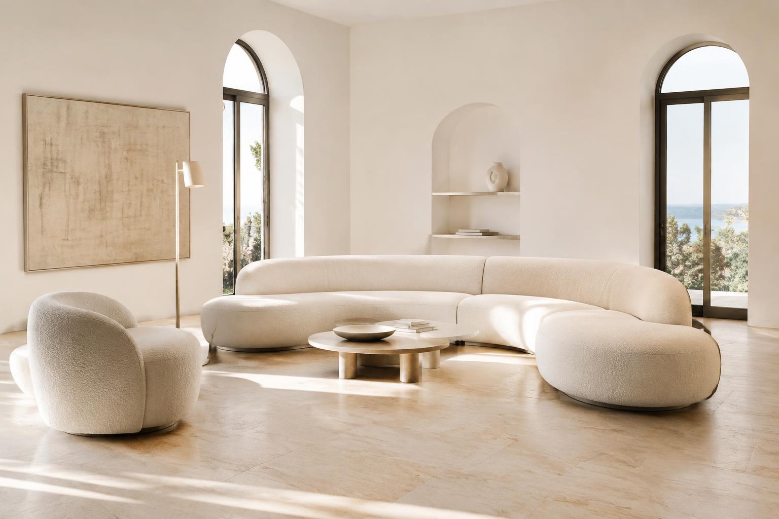 A curved ivory bouclé modular sofa in a bright white gallery living room with travertine floors